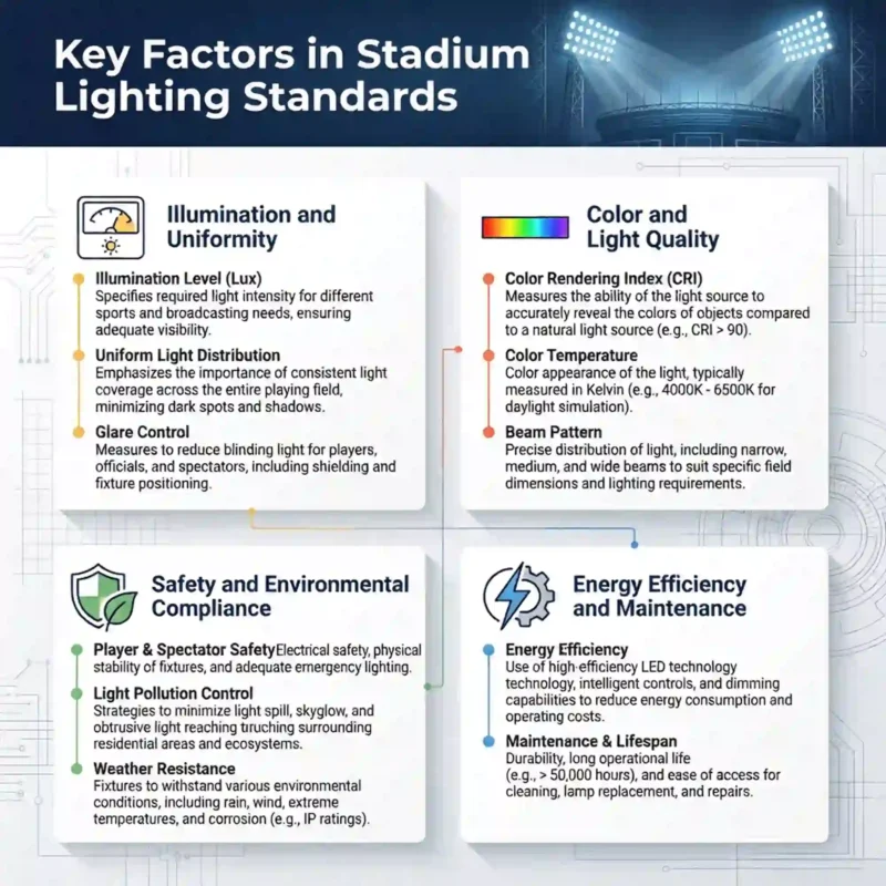 What are the Key factors in stadium lighting standards