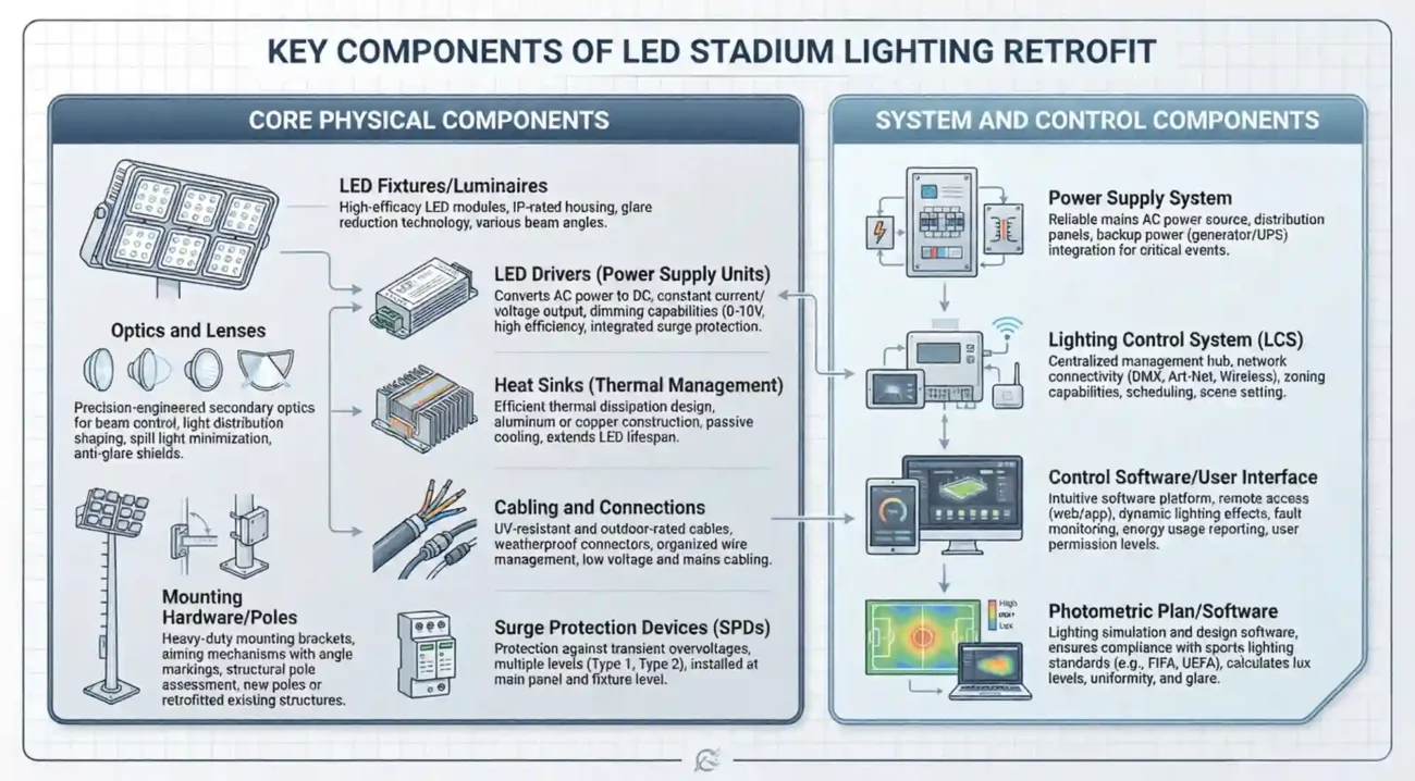 What are the key components of Led Stadium Lighting Retrofit