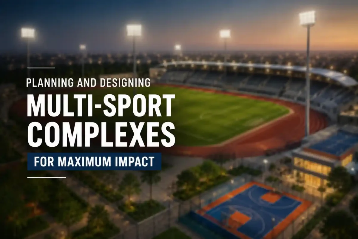 Blurred multi-sport stadium with promotional text overlay