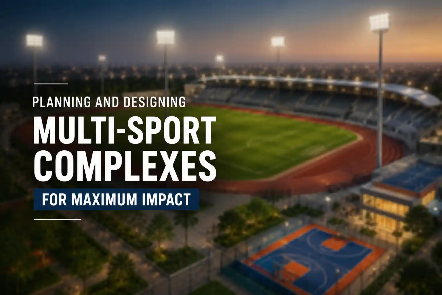 Blurred multi-sport stadium with promotional text overlay