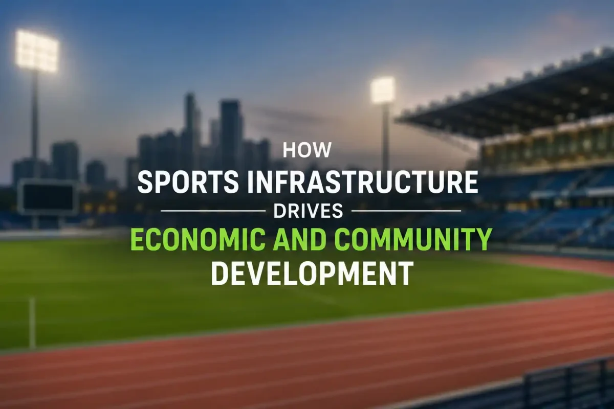 Blurred sports stadium with development text